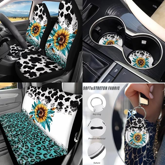 Cow Print Car Accessories Full Set for Women Man,17Pcs Sunflower Car Seat Covers Sets with Front and Split Rear Bench,Auto Front Rear Foot Carpet,Auto Seat Belt Cover,Cup Mats,Universal Fit