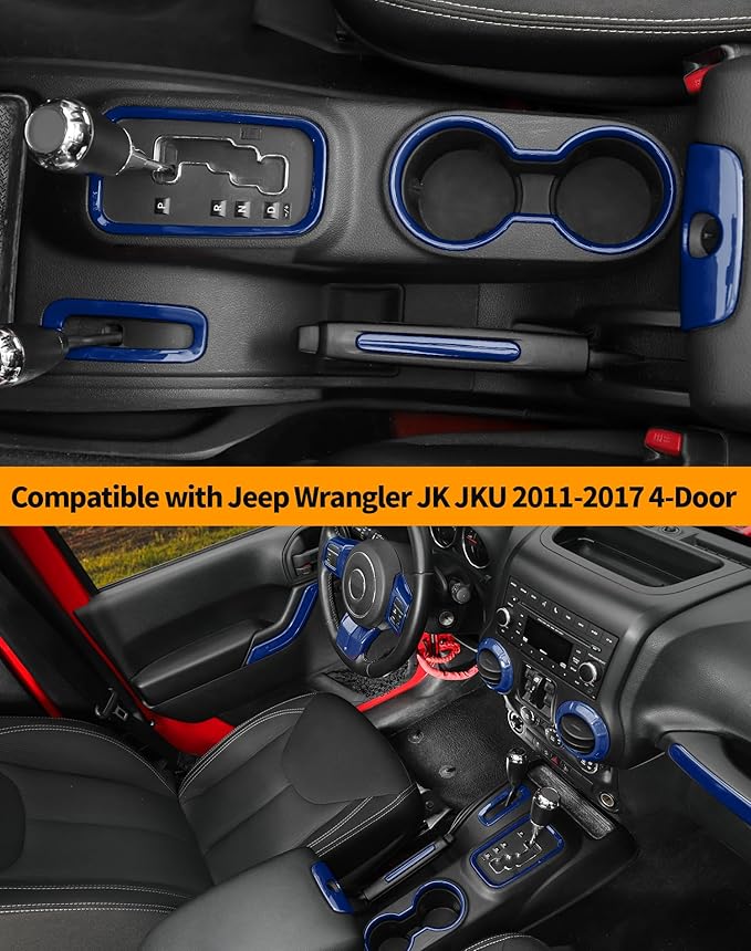 Hoolcar Steering Wheel Cover Gear Shift Panel Trim Cover Water Cup Holder Cover Kit Interior Accessories Kit Fit for Jeep Wrangler JK JKU 2011-2018, 4-Door, Blue