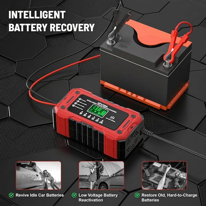 Battery Charger 15A 12V Fully Automatic Smart Trickle Car Battery Charger Maintainer with LCD Display & Temperature Compensation for Car Truck Motorcycle Lawn Mower Boat