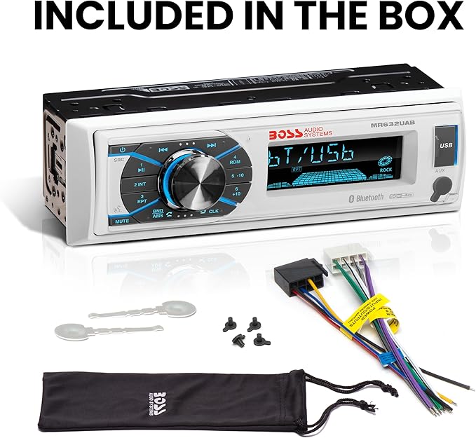 Boss Audio Systems MR632UAB Marine Receiver – Weatherproof, Bluetooth Audio and Hands-Free Calling, USB, MP3, AM/FM, Aux-in, No CD Player, RGB Multi-Color Illumination, Detachable Front Panel, white