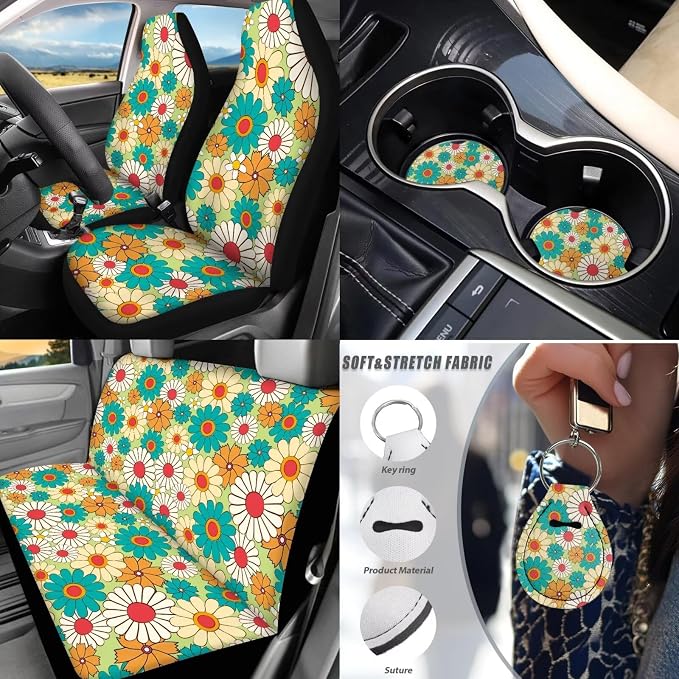 Colorful Daisy Car Accessories Set 17 Pack,Rose Car Seat Covers Full Set with Front and Rear,Car Floor Protector Pads,Steering Wheel Covers,Seat Belt Cover,Lipstick Holder Keychain