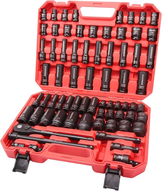 70-Piece 1/2" Drive Impact Socket Set, Cr-V Steel, Standard SAE & Metric Sockets with Ratchet Handle, Extension Bar, Adapters, and Storage Case