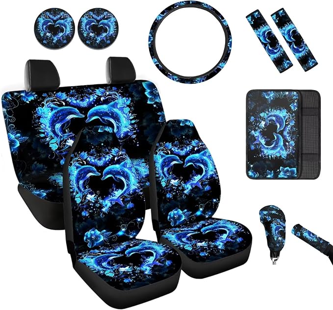 BIGCARJOB Neon Dolphin Print Car Seat Covers Full Set for Front Rear Cute Dolphin Print Armrest Cover Center Console Pads Universal Car Interior Accessories with Steering Wheel Cover 12 Pcs Set
