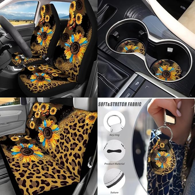 17Pcs Leopard Print Car Seat Covers Full Set with Front and Split Rear Bench,Sunflower Car Mats Full Set and Seat Belt Cover Pad,Leopard Print Car Interior Accessories for Women Universal Fit