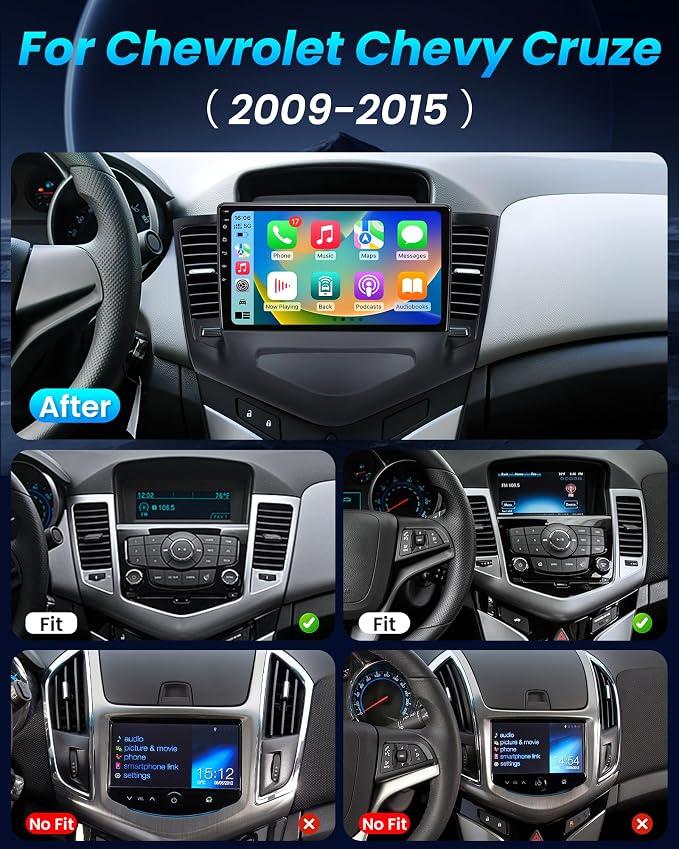 4Core 64GROM Car Radio for Chevrolet Chevy Cruze 2009-2015: 9" 1280 * 800 HD Touch Screen Stereo Wireless CarPlay Android Auto Bluetooth 5.0 WiFi GPS FM SWC Backup Camera