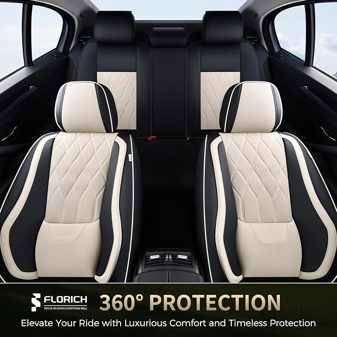 FLORICH Car Seat Covers Front and Rear Seat Cover for Car Luxury Faux Leather Automotive Seat Covers Full Set Universal Car Seat Protector 5 Seats Fit for Most Cars Sedans Trucks SUV, Black&Beige