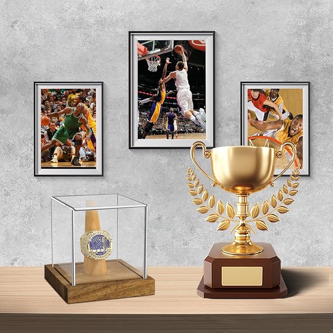Hooqict Championship Ring Display Case Clear Acrylic Ring Case Display Box UV Protected with Wood Base Stand for Sports Baseball Basketball Softball Football Single Ring Holder Coin Stand