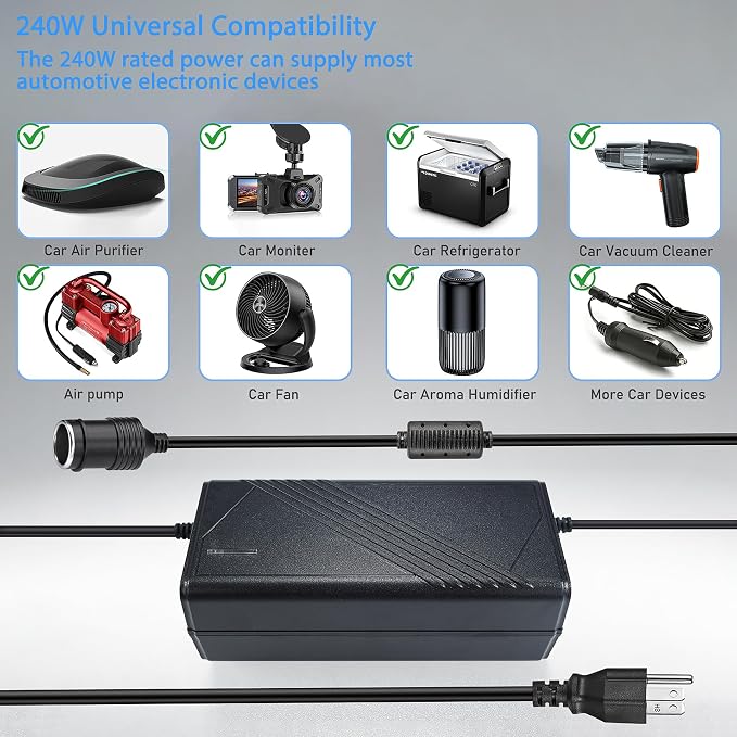 AC to DC Converter 12V 20A 240W, 110V-240V to 12V Car Cigarette Lighter Adapter to Wall Plug, Heavy Duty AC DC Power Adapter for Car Refrigerator, Inflator,Rice Cooker, Water Kettle, Vacuum Cleaner