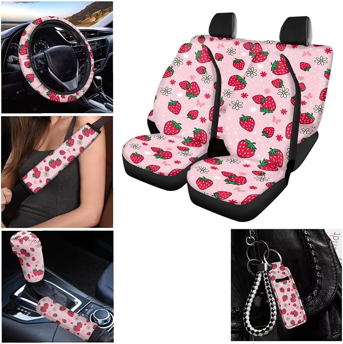 Strawberry Car Seat Cover Full Set Pink Front Rear Cover Steering Wheel Covers Seat Belt Cover Keychain Car Coaster Gear Shift Cover Car Interior Accessories Set