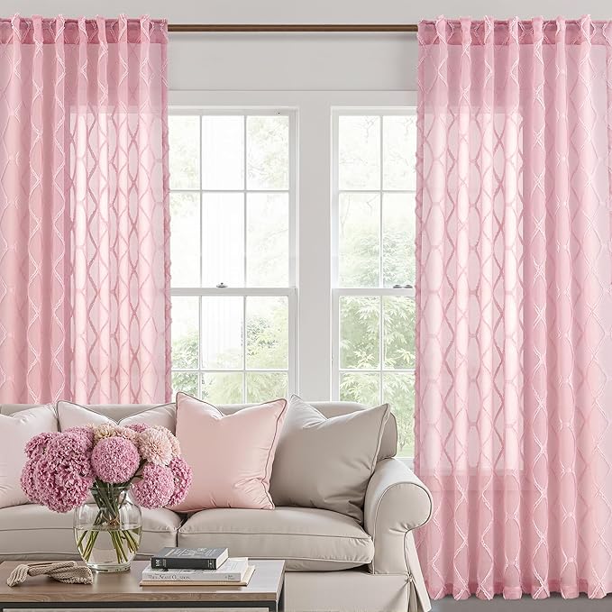 Pink Sheer Curtains 72 Inches Long for Baby Girls Bedroom 2 Panels Light Filtering Semi-Sheer Curtain for Nursery Kids Bedroom Back Tab Rod Pocket Geometric Pattern Pom Pom Short Window Drapes 52x72