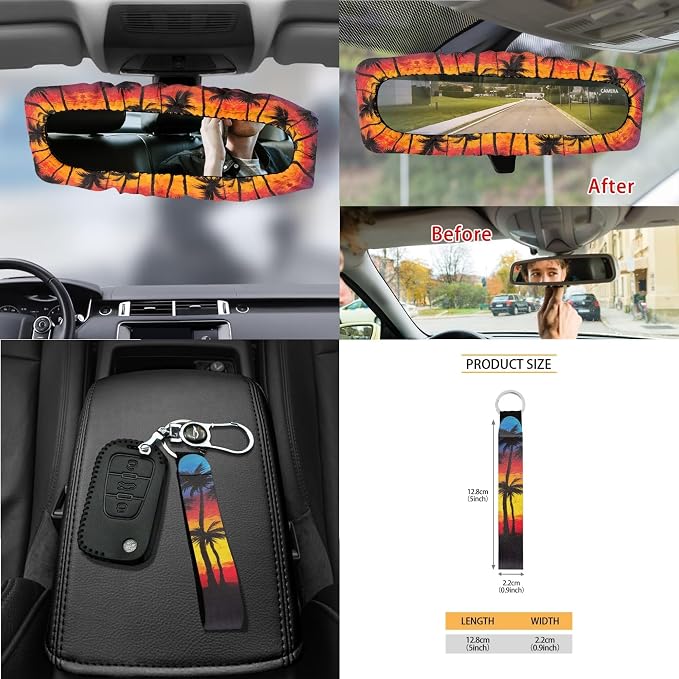 Tropical Palm Tree Print 15 Pack Car Seat Cover Set with Steering Wheel Covers Seatbelt Strap Pad Garbage Cans Rear View Mirror Cover Coasters Key Chain Universal Fit