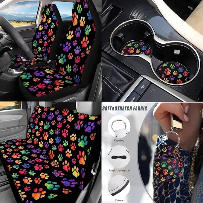 Dog Paw Prints Car Seat Covers Full Sets of 17 Pack,Colorful Dog Paw Prints Car Accessories Sets with Car Rubber Floor Mats,Steering Wheel Car Covers,Cup Coasters,Seat Belt Pads,Universal Fit
