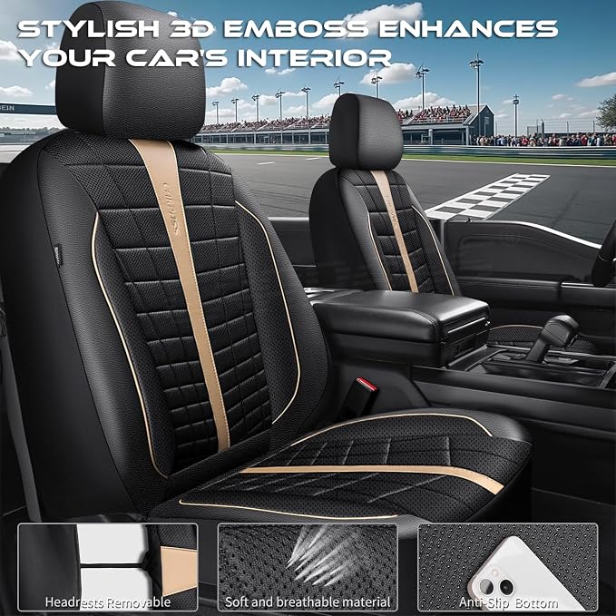 CAR PASS 3D Foam Mesh Leather Car Seat Covers Full Set, Breathable Premium Leather Seat Covers for Car,Anti Slip Universal Fit for Trucks Cars Sedans Vans SUVs, Airbag Compatible, Black Beige