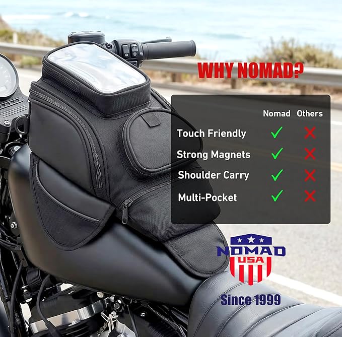 Nomad Motorcycle Tank Bag – 4L Heavy Duty Black Gas Tank Bag with Touchscreen Phone Window, Magnetic Universal Fuel Tank Pouch for Cruiser, Sportbike, Touring & Street Bikes