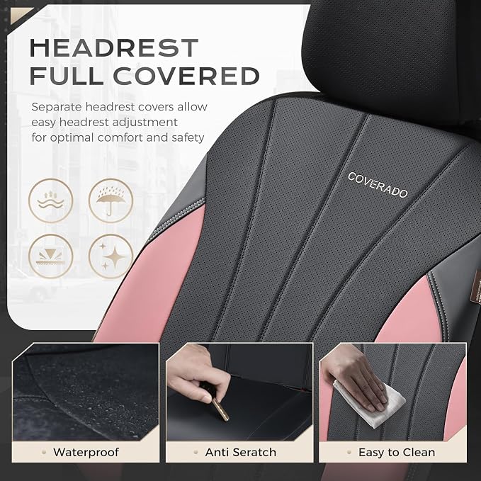 Coverado Automotive Car Seat Covers Full Set, Luxury Seat Covers, Leather Car Seat Protectors with Storage Bags, Pink Driver Seat Covers Universal Fit for SUVs Trucks Sedans