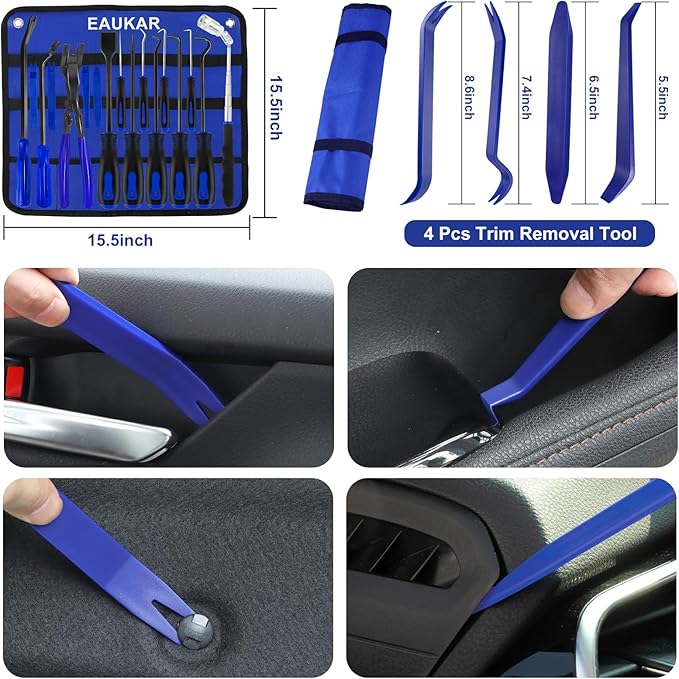 17Pcs Hook and Pick Tool Set with Scraper Auto Clip Removal Plier Fastener Remover Rivets Puller Mechanic Car Trim Removal Tool Kit Gasket Telescoping Magnetic Pickup Hand Automotive Tools(Blue)
