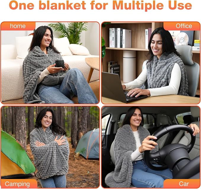Cordless Battery Operated Heated Blanket, Wearable Heating Throw for Car,Camping,Office Warm Gift Machine Washable Super Cozy Soft Blanket with 10000 mAh Battery Pack 3 Heating Levels 63" X 35"