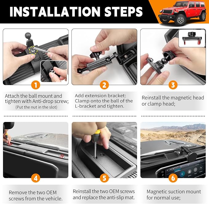 Dashboard Phone Holder Compatible with 2024-2025 Jeep Wrangler JL JLU&Gladiator JT Center Console Organizer Dashboard Phone Multi-Mount Kit for Wrangler 4X4 Accessories(JL/JT 4X4 2024-2025)