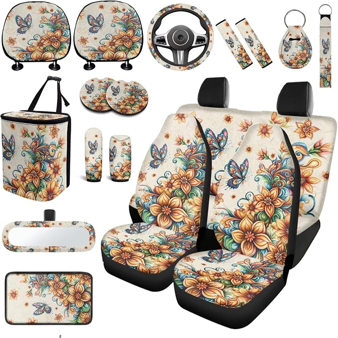 Butterfly Boho Flower Car Seat Covers Full Set Butterfly Flower Car Accessories Set for Women Boho Car Seat Belt Pads Cover Steering Wheel Cover Car Trash Can Car Headrest Covers Universal