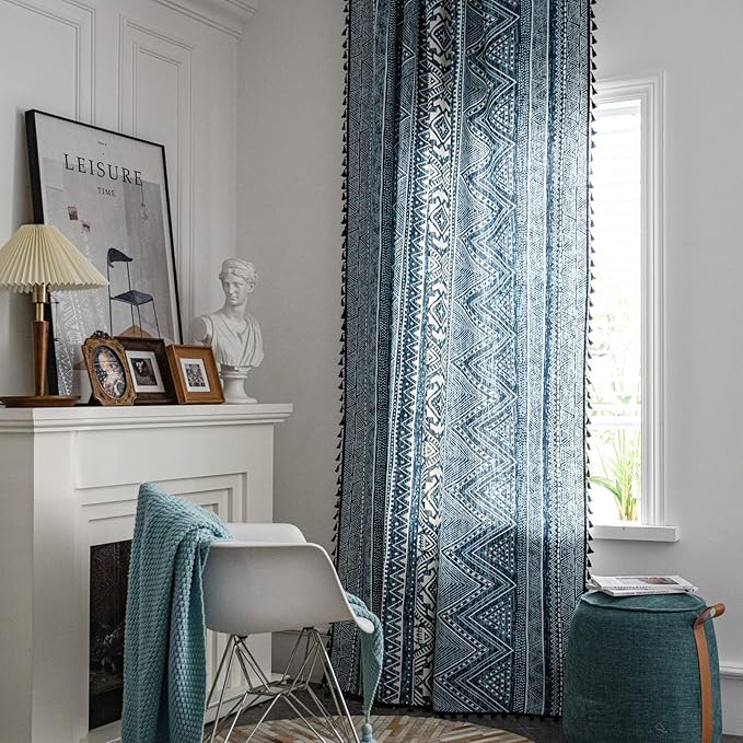 ColorBird Blue Boho Curtains Farmhouse MCM Western Striped Aztec Light Filtering 84 Inches Window Treatment Patterned Drapes for Bedroom Living Dining Room Kitchen Boho Chic Decor