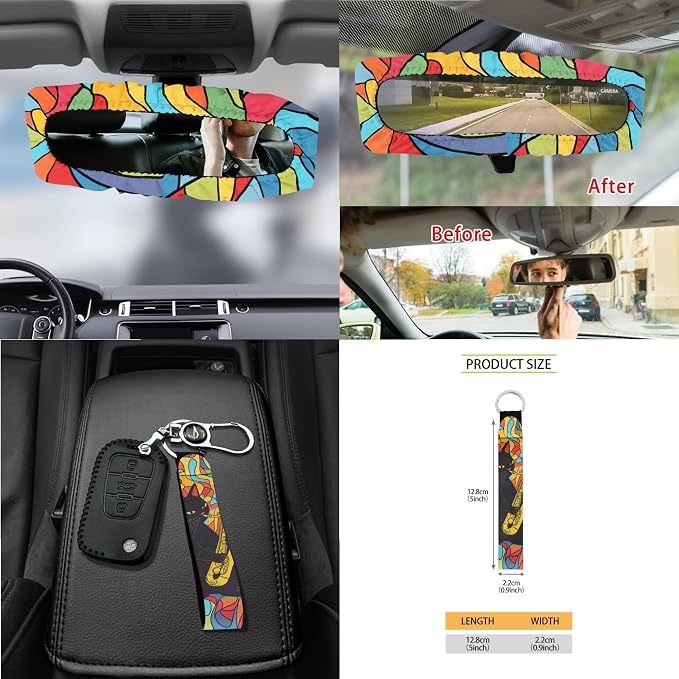 Rainbow Cat Jazz Print 15 Pack Car Seat Cover Set with Steering Wheel Covers Seatbelt Strap Pad Garbage Cans Rear View Mirror Cover Coasters Key Chain Universal Fit