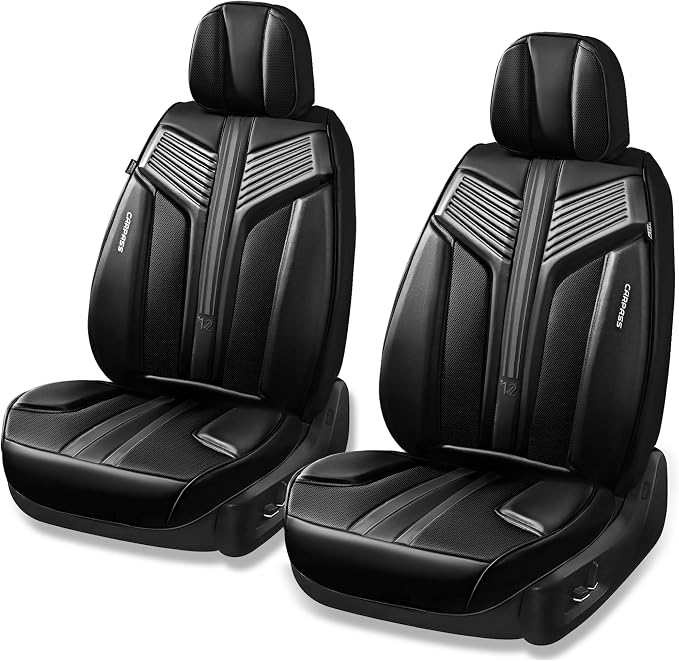 CAR PASS Nappa Leather Car Seat Covers Front Seats, Luxury Cushioned Front Seat Covers, Waterproof Drive Seats Anti-Slip Full Coverage Universal Fit for SUV Truck Sedan Automotive Black (2pcs, Black)