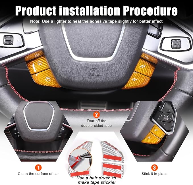Dry Carbon Fiber Central Control Steering Volume Button Cover Compatible with Corvette C8 2020-2025 Accessories 4Pcs Center Consoles Steering Button Panel Sticker Decorative Interior Trim (Yellow)