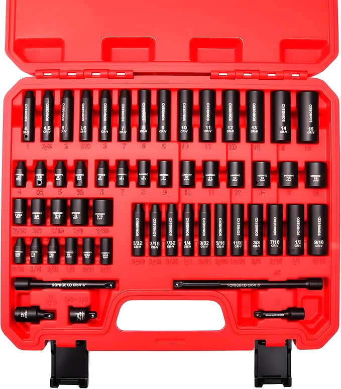 55-Piece 1/4" Drive Impact Socket Set, 6-Point deep & standard SAE/Metric(5/32"-9/16", 4-15mm), CR-V steel. Includes 2",4",6" Extension Bars, Universal Joint & Adapter,Ratchet Handle