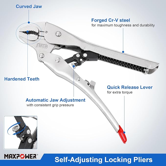 MAXPOWER 2 Pieces Locking Pliers Set, 6" 10" Curved Jaw Self Adjusting Locking Pliers, with 1.2" and 2" Jaw Capacity