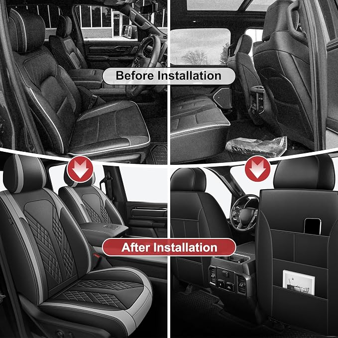 TTX for Dodge RAM 1500 2500 3500 2012-2025 2026 Seat Covers - Waterproof Faux Leather Seat Cushion Cover (Front/Black&Light Grey)