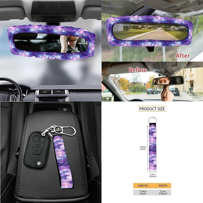 Dolphin Moon Print Car Accessories Set with Car Seat Covers Steering Wheel Cover Seatbelt Strap Pad Trash Cans Air Vent Storage Bag Cup Holder Rearview Mirror Cover Key Chain, 15 Pack