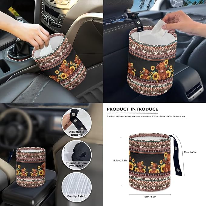 Highland Cow Print Car Seat Cover Sets Full Set Aztec Sunflower Print High Back Seat Covers with Steering Wheel Cover Armrest Cushion Safety Belt Pads Trash Can for Truck Sedan SUV