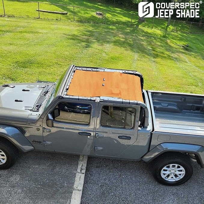 JT Top Sun Shade Roof Compatible with Jeep Gladiator 4 Door 2018 to 2023 Sunshade Sunroof Bikini Cover Blocks UV Wind Noise Orange Mesh for Full Length