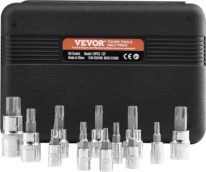 VEVOR Torx Bit Socket Set, 13-Piece Star T8 - T60 Set, S2 Alloy Steel and Cr-V Steel, 1/4 in, 3/8 in, and 1/2 in Drives, with Enhanced Storage Case, Torx Sockets for Hand Use, Mechanics, Auto Repair