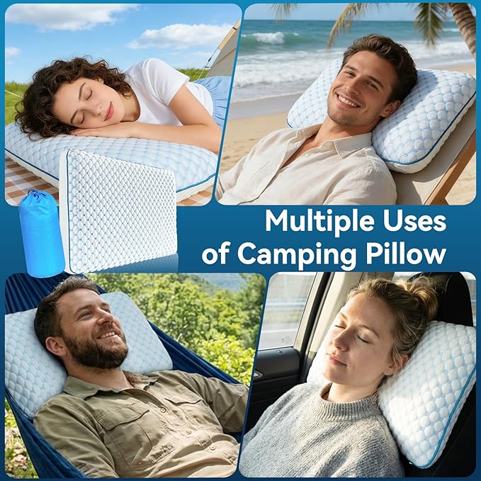 Camping Pillow with Memory Foam-Compressible Medium Firm, Ultralight Cooling Travel Pillow, Outdoor Pillows Ideal for Backpacking, Hiking, Camping, Airplane,Car, Small Beach Pillow with Washable Cover