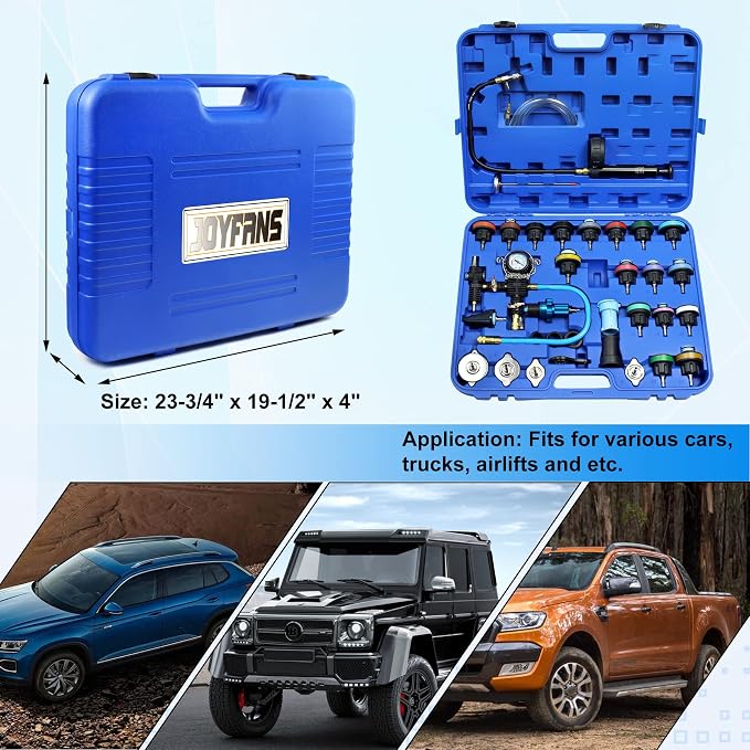 JoyFans Radiator Pressure Tester and Cooling System Pneumatic Vacuum Coolant Refill Tool 33Pcs Automotive Kit with Pressure Gauge, Radiator Adapters for Most Cars, Trucks, Airlift Blue