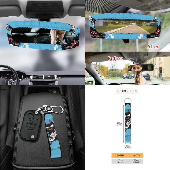Cat Play The Guitar Print Car Seat Cover Full Set of 15 Seatbelt Strap Pad Steering Wheel Covers Rear View Mirror Cover Trash Cans Air Vent Storage Bag Cup Coasters Keychain