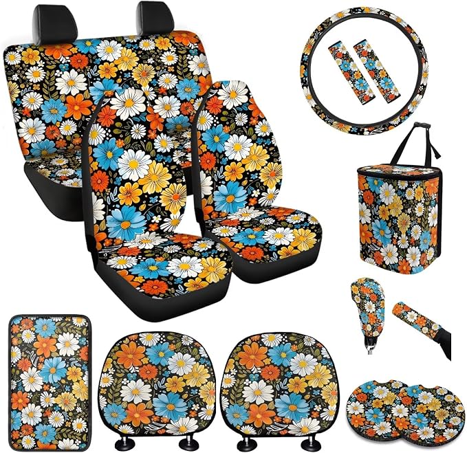 BIGCARJOB Hippie Daisy Print Car Seat Cover Set 15 Pcs Art Blossom Daisy Car Seat Interior Accessories Full Set with Seat Belt Pads,Car Seat Head Rest Protective Cover,Auto Garbage Bag