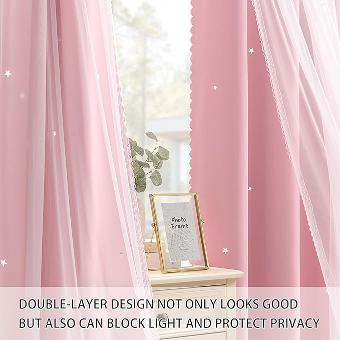 XiDi Star Blackout Curtains for Bedroom 72 Inch Length 2 Panels Pink Curtains with Sheer Overlay for Girls Kids Privacy Thermal Insulated Rod Pocket Window Curtains for Patio French Door W34 x L72