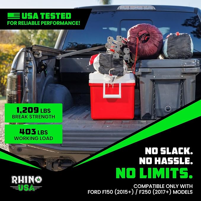 Ford Only – Rhino USA Integrated Cargo Magic Bed-Mounted Retractable Ratchet Straps (2PK) for Ford F150 (2015+) & F250 (2017+) – BoxLink Compatible, 360° Swivel, Heavy-Duty Tie Downs