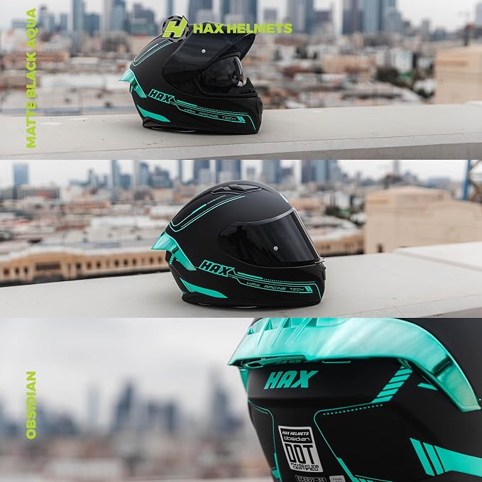 HAX Obsidian Full Face Dual Visor Adult Motorcycle Helmet for Motorbike Street Bike with Pinlock Ready DOT Approved Matte Black Aqua L