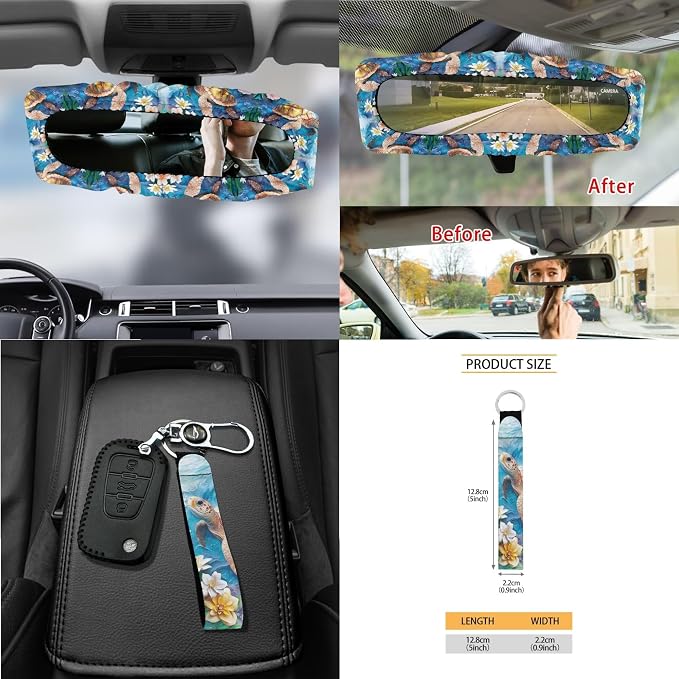 Turtle Floral Print Car Front Back Seat Covers Set of 15 Steering Wheel Covers Trash Cans Air Vent Storage Bag Seatbelt Strap Cover Rear View Mirror Covers Cup Coasters Keychain
