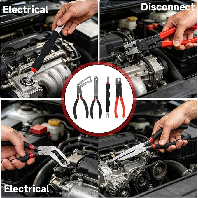 7PCS Professional Electrical Disconnect Pliers Kit, 420 Stainless Steel Automotive Connector Removal Tool Set with Angled & Right Angle Pliers, Pry Bar, Puller & Clip Remover for Car Repair