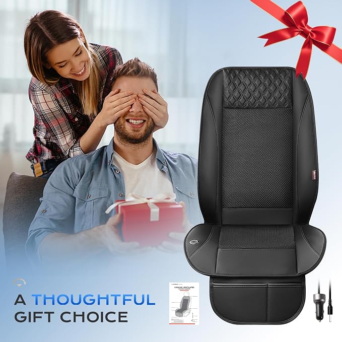 Coverado Cooling Car Seat Cover with High-Velocity Turbo Fan, Powerful Blowing & Suction Pad, 12V-24V Ventilated Cushion, 3-Speed Adjustable Airflow, Universal Fit for Car SUV Truck Van(Black)