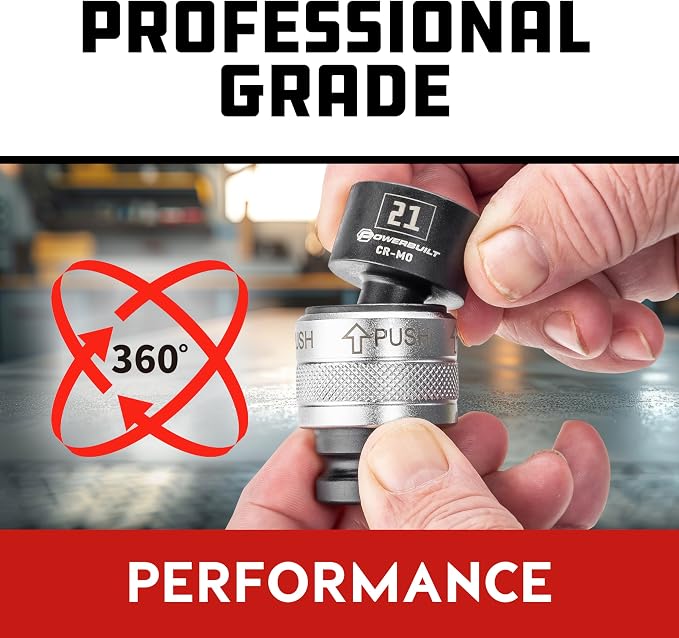 Powerbuilt 15 Piece 1/2-Inch Drive Impact Grade Universal Joint Quick-Change Socket Adapter and Sockets Set, Size: 8mm-21mm, Storage Case - 643032ECE