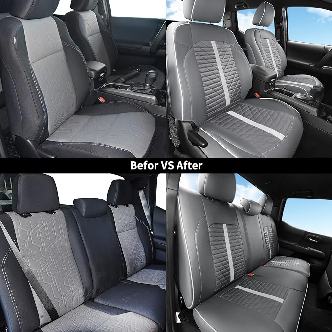 Car Seat Covers Fit for Toyota Tacoma 2016-2023 3rd Gen Double & Crew Cab SR SR5 Limited TRD Sport/Pro/Off Road Full Set,Waterproof Breathable Leather Full Coverage (Grey White)