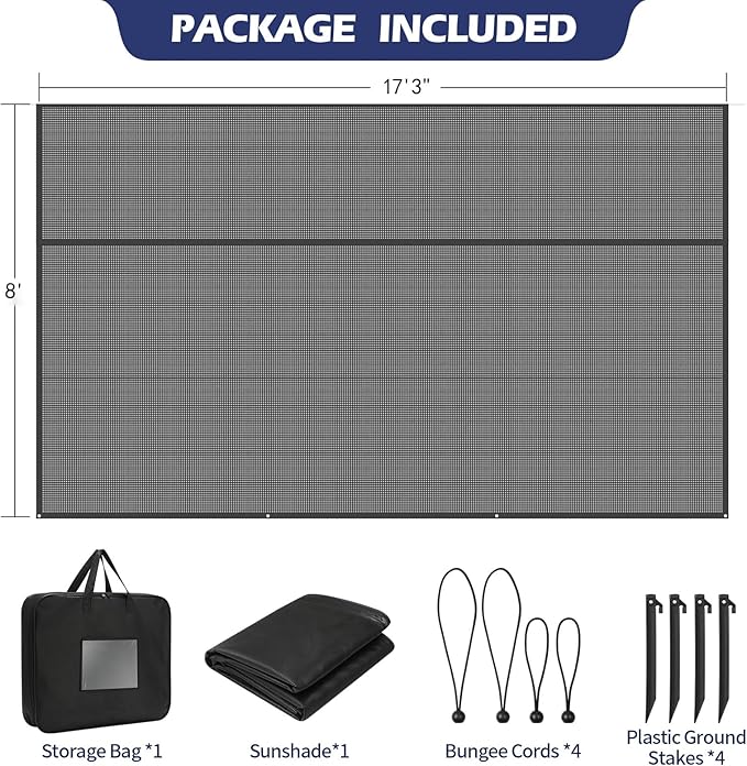 NAIMORUI RV Awning Shade Screen with Zipper, 8'X17'3" RV Awning Front Shade Screen, Black Mesh UV Blocker Sunshade Complete Kits for RV Camper Motorhome Trailer, Black