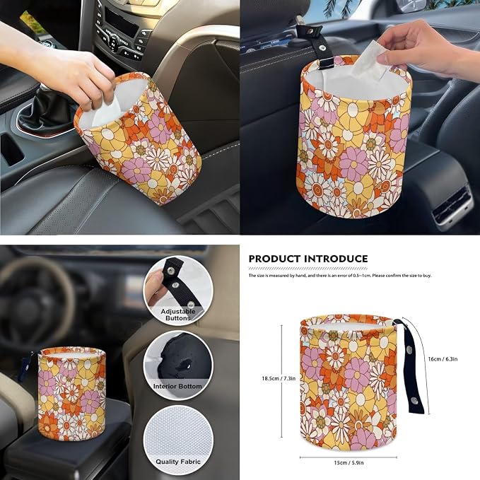 Hippie Flower Car Seat Covers Front Back Seat Cover Full Set with Car Steering Wheel Cover Safe Belt Pads Coasters Garbage Can Rear View Mirror Cover Keychain, 15 PCS