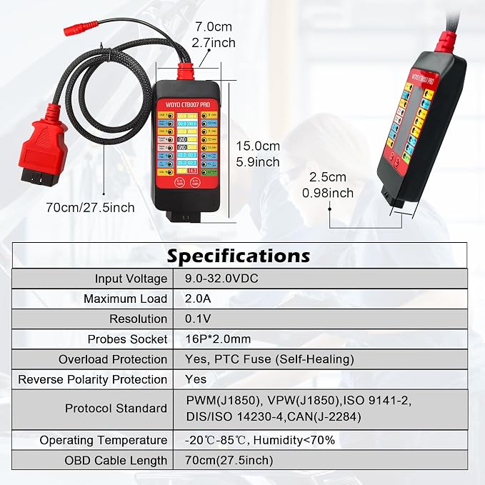 WOYO CTB007 PRO 12V/24V OBD2 Breakout Box with LCD Display 16PIN Vrms, CAN Tester Box with Built-in 120Ω for ECU Testing Tool on Bench, CAN Tester Box, 27.5inch/59inch Extension Cable (27.5inch/70cm)