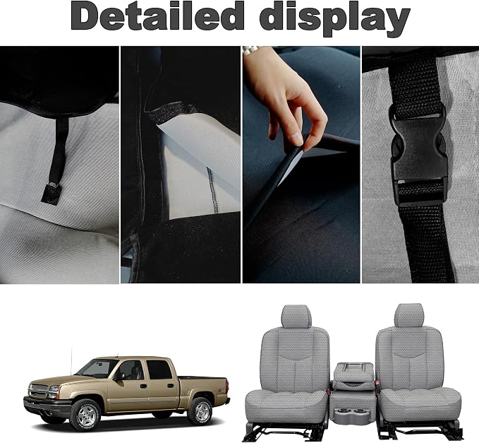 Seat Covers for Chevy Silverado & GMC Sierra 1500 1999 2000 2001 2002 2003 2004 2005 2006 Heavy Duty Cloth Protector Interior Accessories,Waterproof & Machine Washable-Gray (Front)